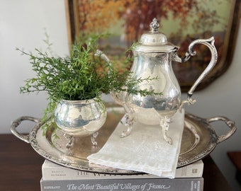 Rose Flower Patterned Silver-Plated Pieces - Teapot, Sugar Bowl, and Platter - Mismatched Brands - Sheridan - WM Rogers - Similar Patterns