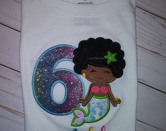 Glitter Mermaid Afro, Birthday Shirt, Applique Birthday, Embroidery, Kid's Shirt, Girl's Birthday Shirt, Sixth Birthday, 6th Birthday