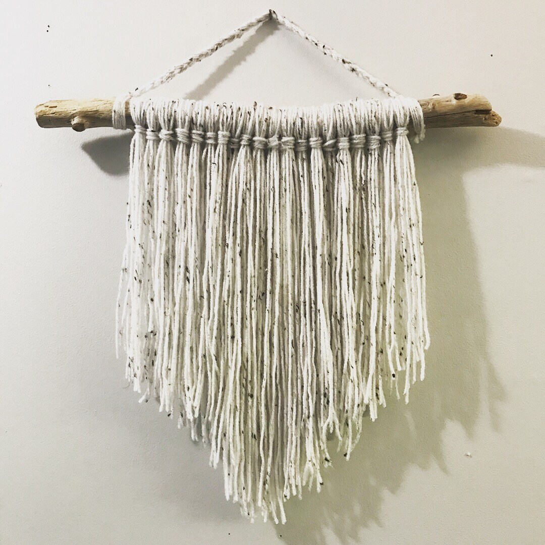 Gray yarn hanger Boho decor Fringe decor Feather decor Etsy