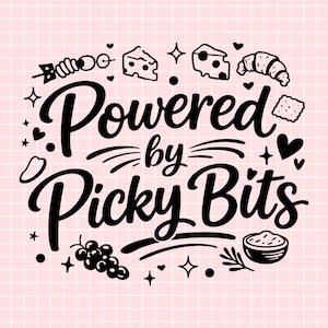 Può includere: Su sfondo rosa a griglia, il testo "Powered by Picky Bits" in nero. Il design include illustrazioni di formaggio, croissant, uva e altre icone legate al cibo, perfetto per snack.
