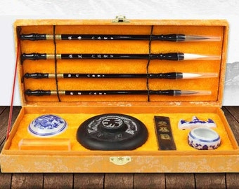 Calligraphy bush pen set weasel hair brush with ink stone
