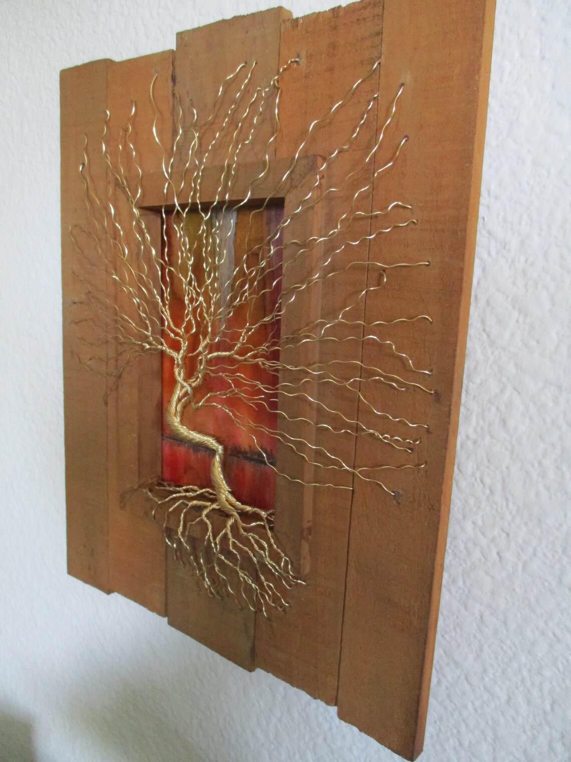 Gold Wire Tree Mounted on Barnwood Etsy