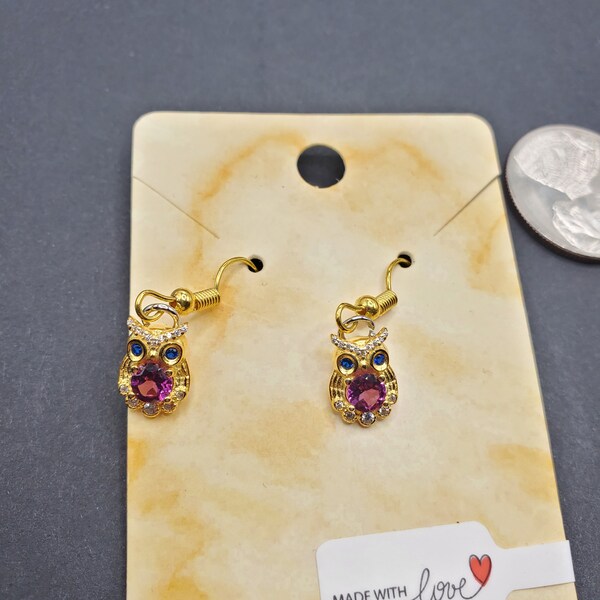 Grape Garnet Gold Plated Earrings Dangle Hoop Earring Owl Red Gemstone Gift Idea for Wife owl lover Present Idea for Mom owl Earrings nature