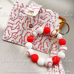 Pulsera de béisbol con llavero de billetera, mamá del béisbol, pulsera con cuentas de silicona y madera, tarjetero.