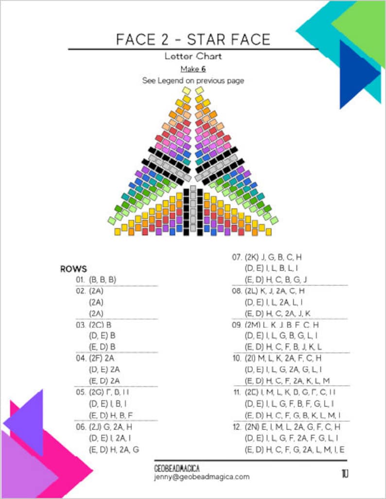 Pode incluir: Um gr&aacute;fico colorido com um padr&atilde;o em forma de estrela feito de quadrados pequenos. O gr&aacute;fico est&aacute; etiquetado como "FACE 2 - STAR FACE" e inclui instru&ccedil;&otilde;es para fazer um design de contas em forma de estrela. O gr&aacute;fico est&aacute; dividido em linhas, com cada linha etiquetada com um n&uacute;mero e uma combina&ccedil;&atilde;o de letras e n&uacute;meros.