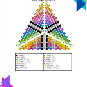Pode incluir: Uma tabela de cores para um design de contas em forma de estrela. A tabela mostra 14 cores diferentes de contas dispostas em forma de estrela. As cores s&atilde;o preto, cristal, azul-verde, verde neon, amarelo, azul, roxo, verde, laranja, f&uacute;csia, rosa, vermelho, laranja neon e amarelo neon.