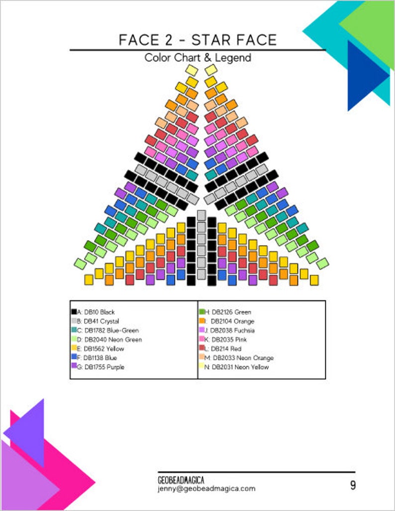 Pode incluir: Uma tabela de cores para um design de contas em forma de estrela. A tabela mostra 14 cores diferentes de contas dispostas em forma de estrela. As cores s&atilde;o preto, cristal, azul-verde, verde neon, amarelo, azul, roxo, verde, laranja, f&uacute;csia, rosa, vermelho, laranja neon e amarelo neon.