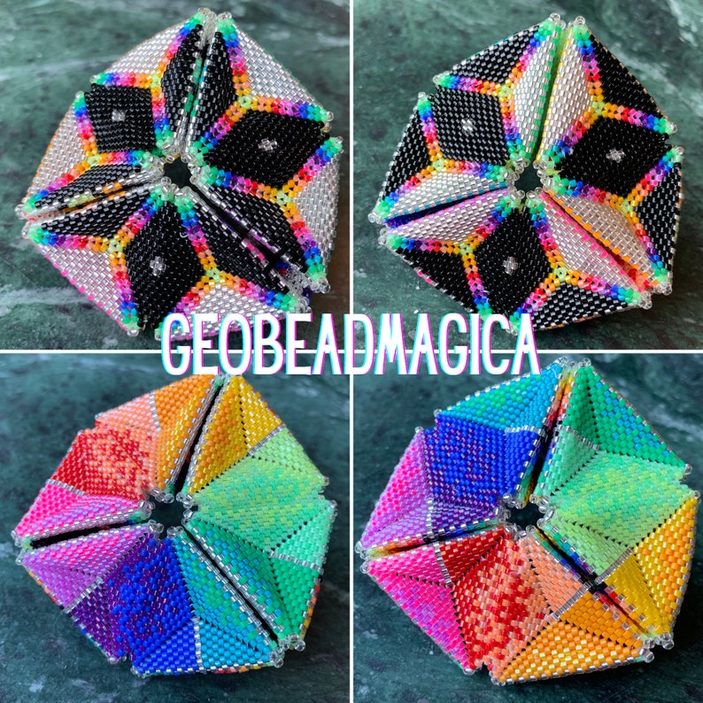 Pode incluir: Um conjunto de quatro padr&otilde;es de contas geom&eacute;tricas em diferentes combina&ccedil;&otilde;es de cores. Cada padr&atilde;o &eacute; uma forma de seis lados com um desenho de estrela no centro. Os padr&otilde;es s&atilde;o preto e branco, arco-&iacute;ris, verde e rosa, e azul e laranja.