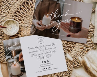 Boho Thank You with Photo, Canva Pro, Thank You Candle, Small Business Printable Thanks For Your Purchase Card, Editable Package Insert Card