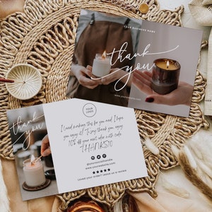 May include: A thank you card with a lit candle and the text "Thank you" in cursive. The card also includes the text "I've made making this for you and I hope you enjoy it! To say thank you, enjoy 10% off your next order with code THANKSTO".