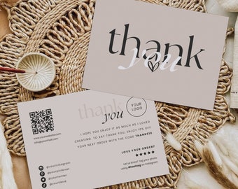 Modern Business Thank You Card Template, Neutral Printable Thanks For Your Purchase Small Business Editable Package Insert Card Cuztomizable