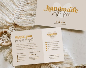 Business Thank You Card Editable, Printable Thanks For Your Purchase Small Business Package Insert Card, Candle Care Card Canva Template