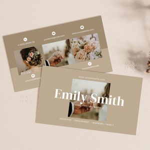 Cartão telefônico com foto para impressão, fotografia de casamento, modelo Canva de cartão de visita de fotógrafo, design de cartão de visita pequeno Boho, planejador de eventos