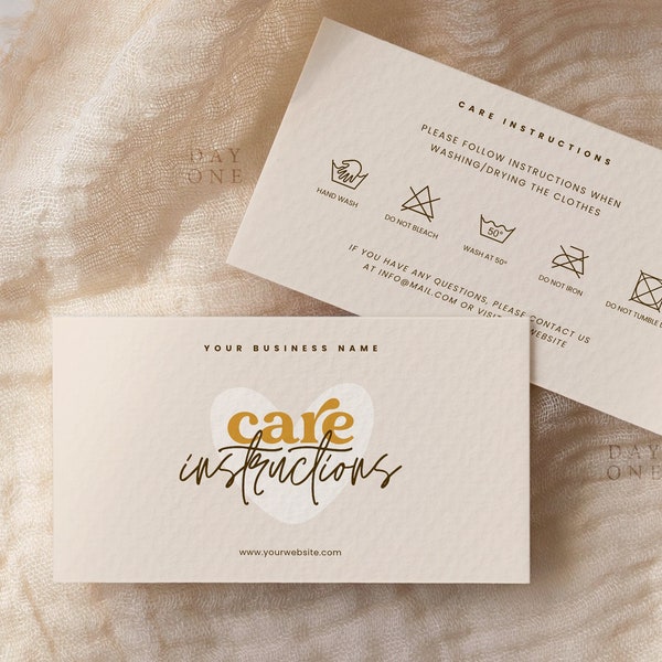 Editable Care Card Template, Printable Instruction Card for Shirts, Custom Boho Garment Wash Care Card, DIY Small Business Canva Template