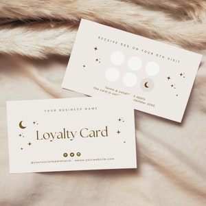 Plantilla imprimible de tarjeta de fidelidad Boho, elegante tarjeta perforada de fidelidad para Canva, tarjeta de recompensa editable Retro Chic DIY, pestañas de salón de belleza de cafetería