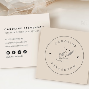 Modello di biglietto da visita quadrato stampabile Canva, design minimalista per biglietti da visita piccoli, biglietti da visita personalizzati, biglietti bifacciali modificabili