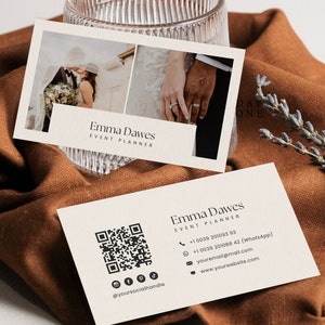 Bewerkbaar visitekaartje met afbeelding en QR-code, afdrukbare fotografie visitekaartje sjabloon Canva, aangepaste DIY onroerend goed visitekaartje ontwerp