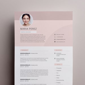 May include: A light pink resume template with a professional headshot of a woman. The resume includes the name Maria Perez, the title Graphic Designer, and a list of work experience and skills. The resume is formatted with a modern and clean design.