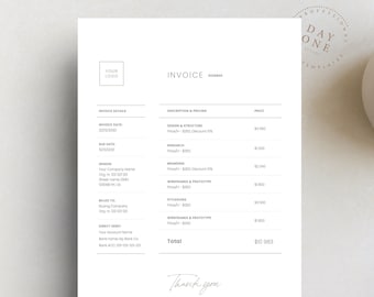 May include: A black and white invoice with the text "INVOICE" and "Total $10,983". The invoice includes a list of services and prices, including "Design & Structure", "Research", "Branding", "Wireframes & Prototypes", and "Styling".