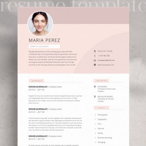 May include: A pink and white resume template with a photo of a woman at the top. The template is compatible with Word and Pages. The text on the template includes the woman's name, Maria Perez, her job title, Graphic Designer, and her contact information. The template also includes sections for experience, education, and skills.