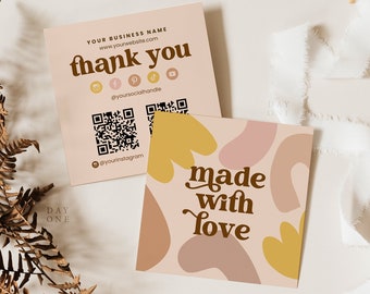 Square Business Thank You Card Boho, Canva Template, Editable Mini Thanks For Your Purchase Packaging Insert, Retro Modern Printable Card