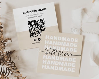 Printable Small Business Card QR Code Template Canva, Made with Love Square Business Card, Editable Business Card, DIY Scannable Card Design