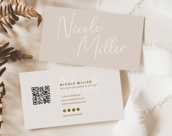 Tarjeta de visita editable con código QR, plantilla Canva, marca para pequeñas empresas, tarjeta de visita retro DIY, tarjetas de visita Etsy, lujo femenino