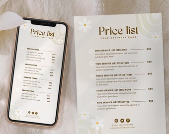Modelo de lista de preços Canva, folha de guia de preços para impressão Boho para pequenas empresas, cabelo para maquiagem de unhas de salão de beleza boutique, menu de serviço editável