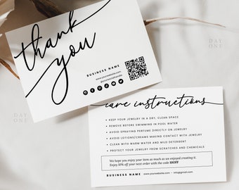 May include: A white thank you card with black calligraphy. The card includes a QR code, social media icons, and the text "BUSINESS NAME", "www.yourwebsite.com", and "info@gmail.com".