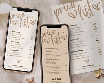 Digital Price List Template Canva, Boho Service & Product Menu, Custom Printable Small Business Sign, Editable DIY Photographer Price List