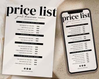 May include: Black and white price list with a minimalist design. The list includes services and prices for "Service Cat One", "Service Cat Two", and "Service Cat Three". The list also includes the business name and website address.