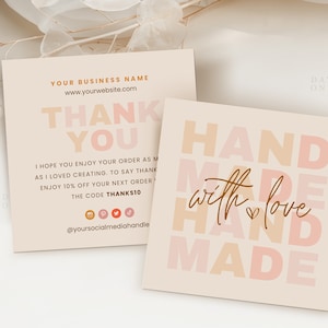 Mini Business Bedankkaart Vierkant, Bewerkbare Canva-sjabloon, Afdrukbare Boho Bedankt voor uw aankoopontwerp, Zakelijke verpakking insteekkaart