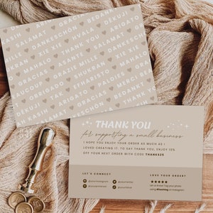 Tarjeta de agradecimiento empresarial, gracias imprimible moderno editable por su tarjeta de compra, tarjeta de inserción de paquete Boho para pequeñas empresas Canva personalizable