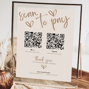 Benutzerdefiniertes QR-Code-Zeichen für kleine Unternehmen, Scan-to-Pay-Zahlungsmethode-Zeichen, bearbeitbares Salon-Zeichen, druckbare Social-Media-Verbinden mit uns-Vorlage