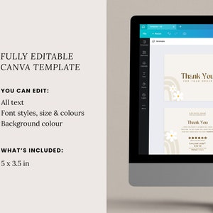 May include: A Canva template for a thank you card with a beige background, brown text, and a stylized rainbow design with white flowers. The text reads "Thank You for your order". The template is 5 inches by 3.5 inches.
