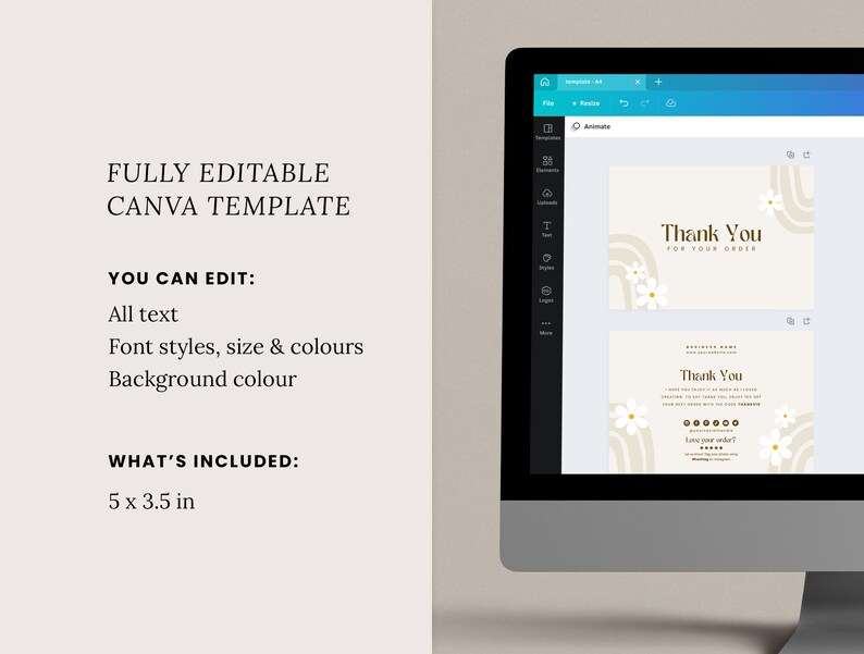 May include: A Canva template for a thank you card with a beige background, brown text, and a stylized rainbow design with white flowers. The text reads "Thank You for your order". The template is 5 inches by 3.5 inches.