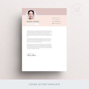 May include: A light pink and white cover letter template with a professional headshot of a woman. The text "MARIA PEREZ" is at the top of the page, with the title "GRAPHIC DESIGNER" below. The text "COVER LETTER TEMPLATE" is at the bottom of the page.