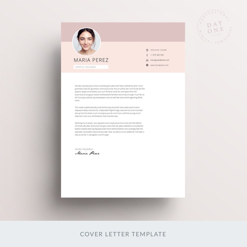 May include: A light pink and white cover letter template with a professional headshot of a woman. The text "MARIA PEREZ" is at the top of the page, with the title "GRAPHIC DESIGNER" below. The text "COVER LETTER TEMPLATE" is at the bottom of the page.