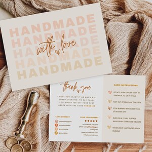 May include: A thank you card with a peach and orange gradient design that says "Handmade with love" and "Thank you". The card also includes care instructions for candles, social media handles, and a discount code.