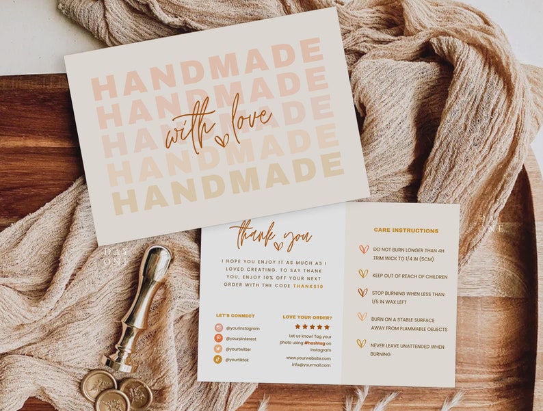 May include: A thank you card with a peach and orange gradient design that says "Handmade with love" and "Thank you". The card also includes care instructions for candles, social media handles, and a discount code.