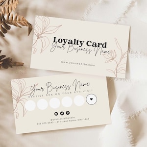 Modelo de cartão de fidelidade para impressão em canva, cartão de recompensa de negócios de beleza chique personalizado, cartão de desconto para salão de beleza boho imprimível, moderno simples e elegante