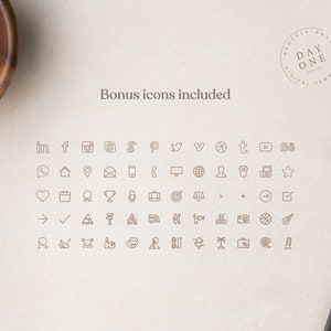 May include: A collection of 48 line icons in brown on a beige background. The icons include social media platforms, home, email, heart, calendar, trophy, microphone, target, scale, check mark, camera, basketball, palm tree, and more.