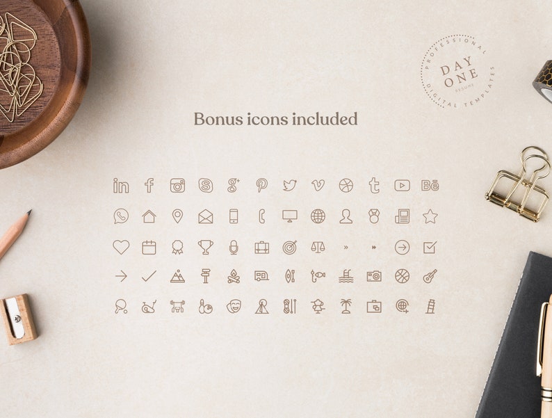 May include: A collection of 48 line icons in brown on a beige background. The icons include social media platforms, home, email, heart, calendar, trophy, microphone, target, scale, check mark, camera, basketball, palm tree, and more.