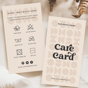 Aangepaste onderhoudsinstructies, afdrukbaar Boho Care Card Design, aanpasbare Canva-sjabloon, DIY-zorgkaart voor kleine bedrijven, kledingstukverzorgingssjabloon