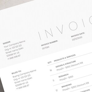 May include: Invoice with the title "INVOICE" and the invoice number 007584. The invoice date is 20/12/2030 and the due date is 10/01/2. The invoice lists products and services with quantities, prices, and discounts. The products and services listed are Design & Structure, Research, and Branding.