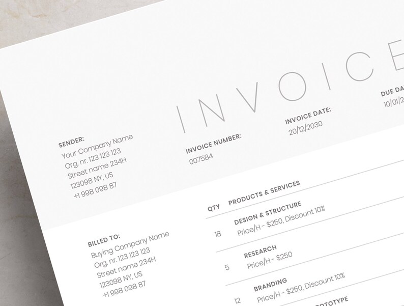 May include: Invoice with the title "INVOICE" and the invoice number 007584. The invoice date is 20/12/2030 and the due date is 10/01/2. The invoice lists products and services with quantities, prices, and discounts. The products and services listed are Design & Structure, Research, and Branding.