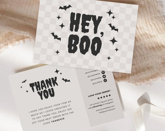 May include: Two black and white cards with a Halloween theme. The first card says "Hey, Boo" with bats and stars. The second card says "Thank You" with bats and stars. The second card also includes a message thanking the customer for their order and offering a discount on their next order with the code "THANKS10".