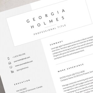 May include: A black and white resume template with the name Georgia Holmes and the title "Professional Title". The resume includes contact information, a summary of qualifications, and a work experience section.