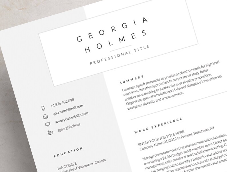 May include: A black and white resume template with the name Georgia Holmes and the title "Professional Title". The resume includes contact information, a summary of qualifications, and a work experience section.