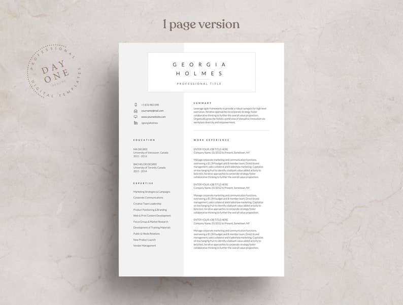 May include: A black and white resume template with the name Georgia Holmes and the title "Professional Title". The resume includes sections for Summary, Education, Work Experience, and Expertise.